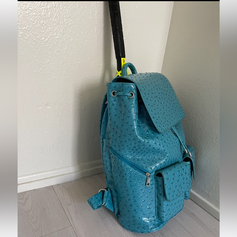 RARE! TENNIS BACKPACK in VEGAN LEATHER (Ostrich). Turquoise Blue! Textured! - Picture 3 of 6